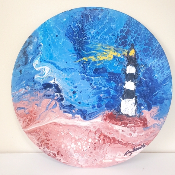 Hatteras Lighthouse Beach Hand Painted Vinyl Record One Of A Kind ooak Acrylic - Picture 1 of 2